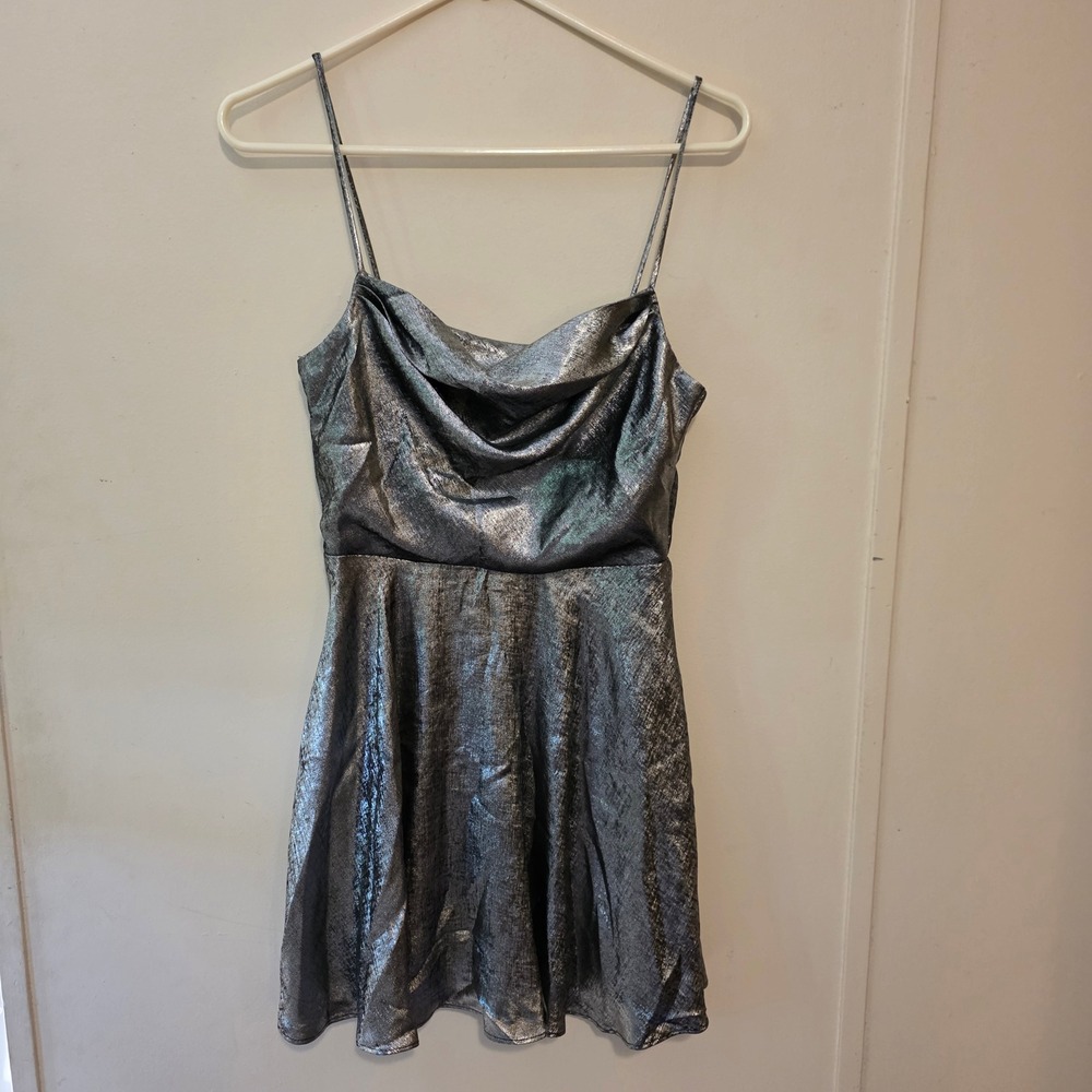 Y2k Windsor Womens Mini Dress Size Small Silver Metallic Cowl Neck Glam Party